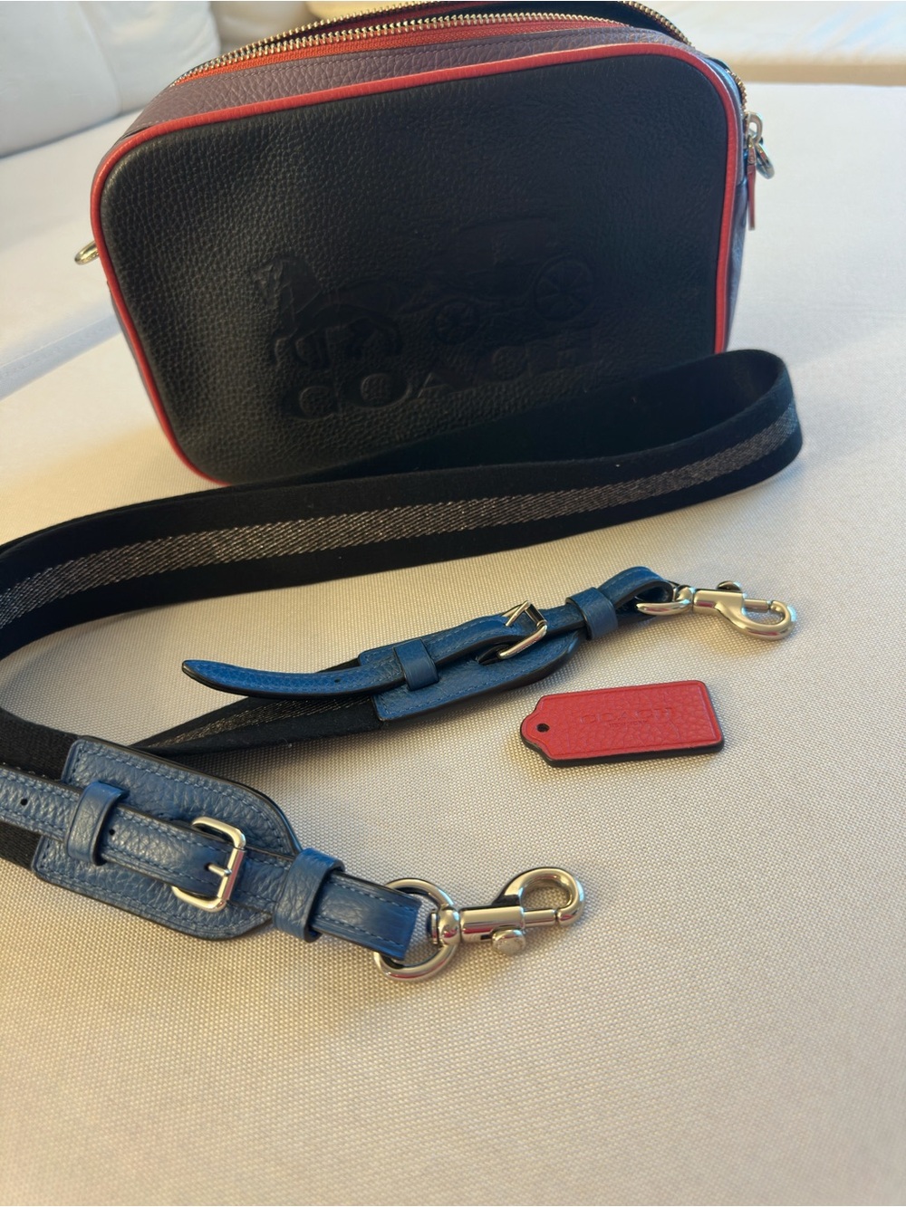 Coach JES Crossbody 91082 in Colorblock Pebble Leather Black Purple Pink